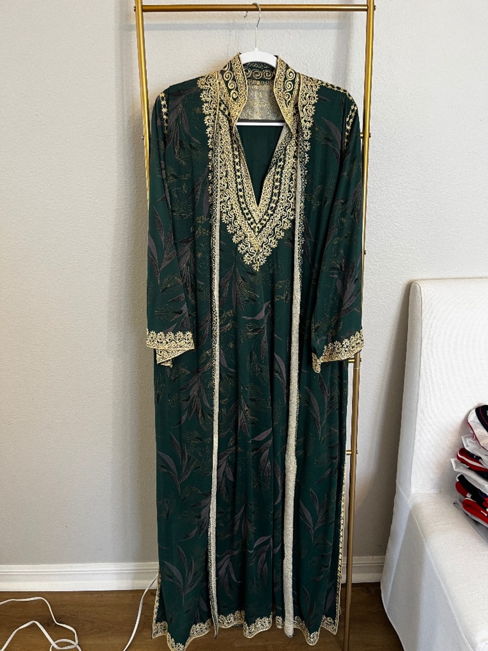 Vintage Emerald Green Embroidered 3 Piece Kaftan Set Maxi Dress Robe Scarf